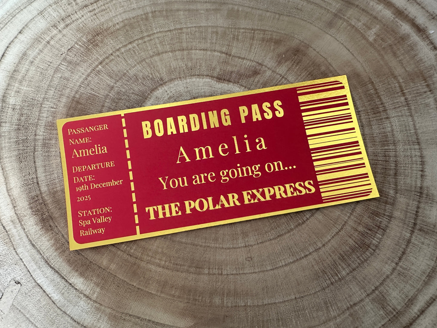 Polar Express surprise reveal foil boarding pass, Surprise Trip Gift