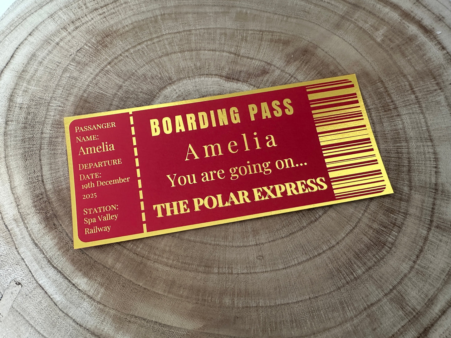 Polar Express surprise reveal foil boarding pass, Surprise Trip Gift