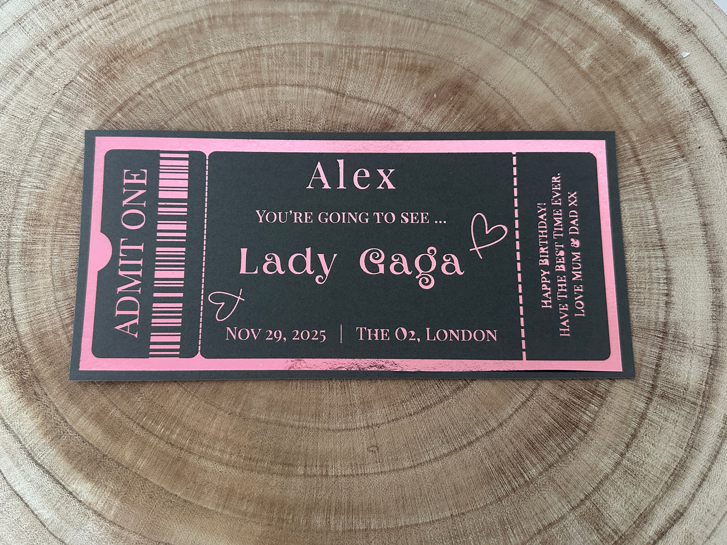 Concert surprise reveal foil ticket, Surprise Gift Reveal Ticket