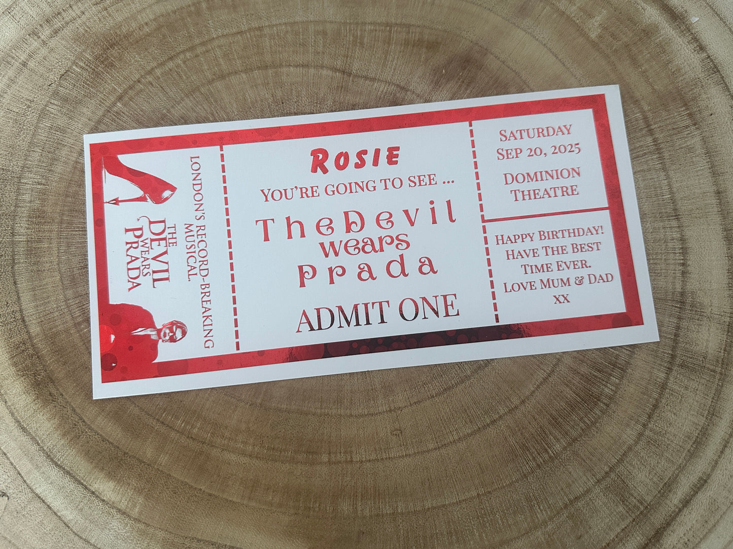 Theatre surprise reveal foil ticket, Surprise Gift Reveal Ticket