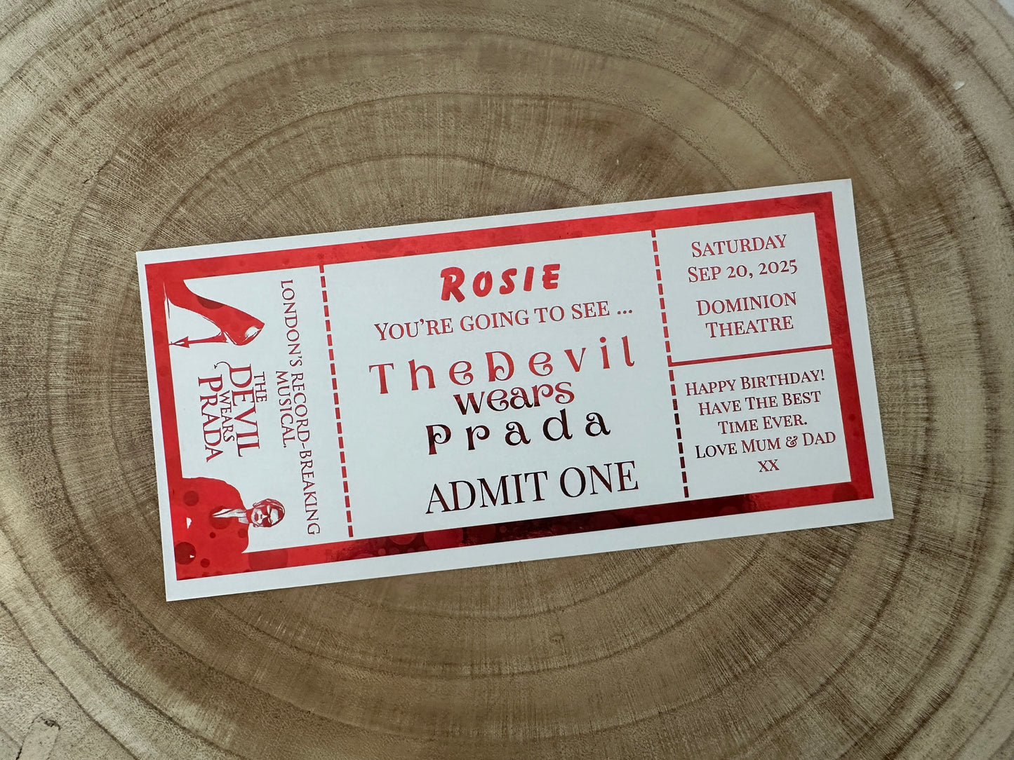 Theatre surprise reveal foil ticket, Surprise Gift Reveal Ticket