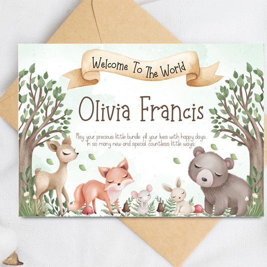 Woodland animals baby arrival personalised card