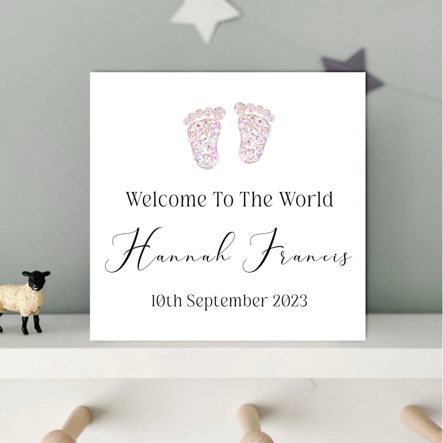 Pink Floral Feet Newborn Girl Personalised Card