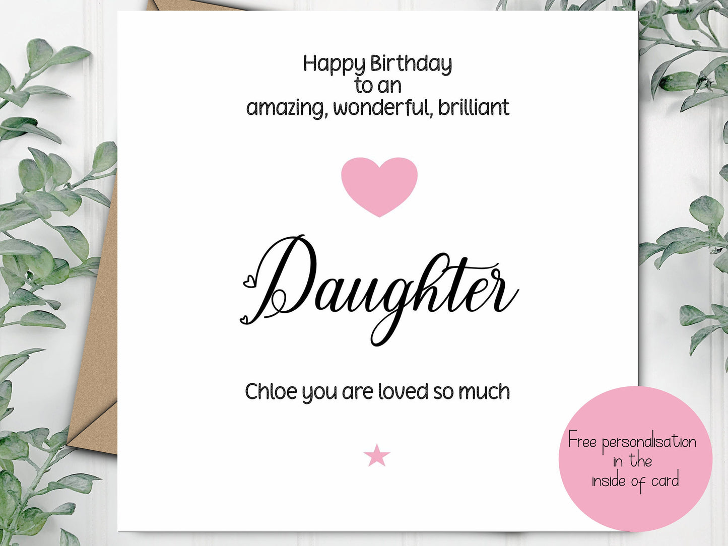 Daughter Birthday Card Personalised, Happy Birthday Daughter, Pink Heart Design, Happy Birthday from Mum and Dad, Minimalist Card