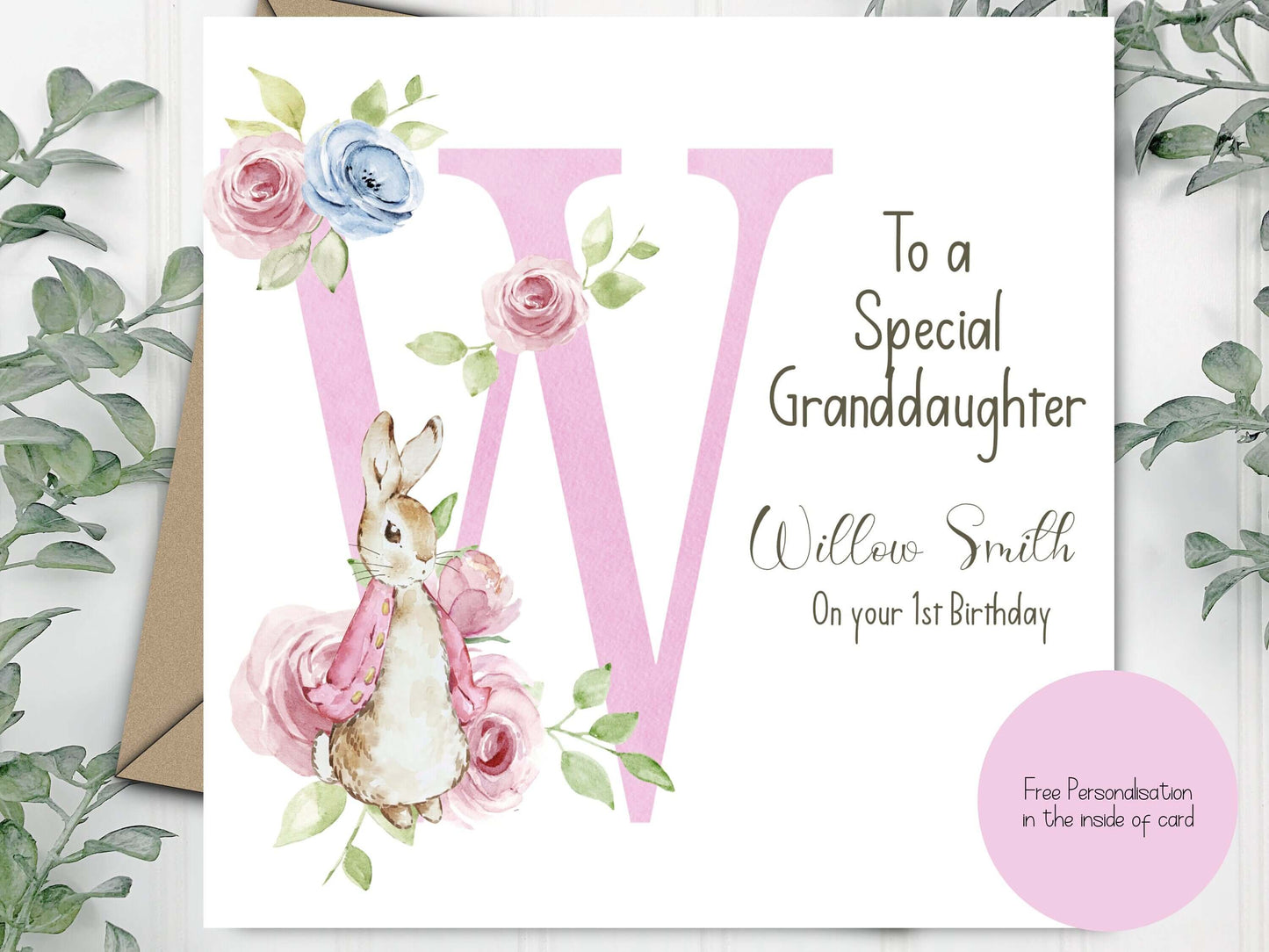 Personalised Initial Card Perfect to Celebrate 1st Birthday for Daughter, Granddaughter, Niece, Sister with Vintage Bunny Rabbit