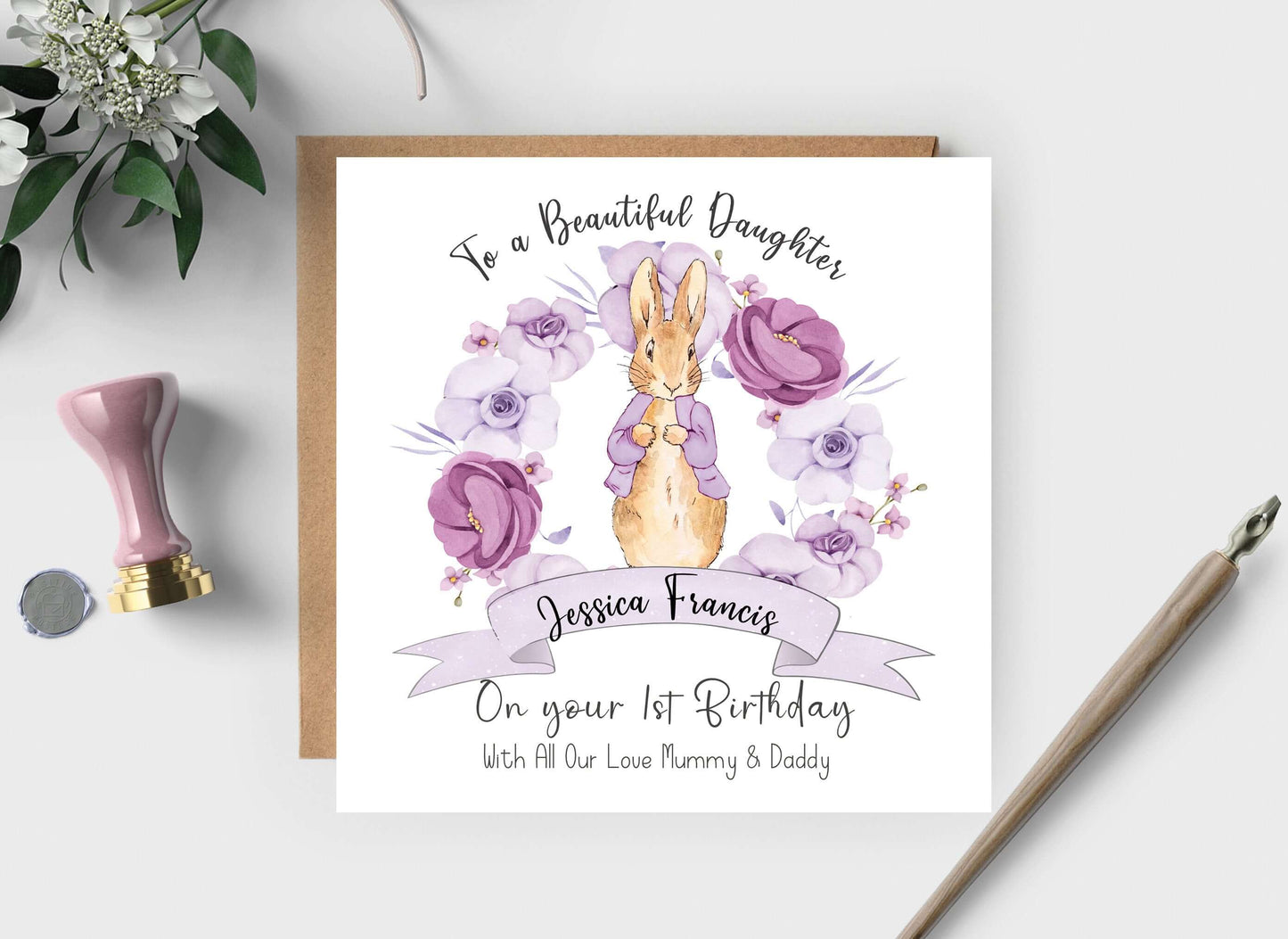 First Birthday Card Keepsake, Personalised Girl's 1st Birthday Peter Rabbit Card, Daughter, Granddaughter, Niece, First birthday gift