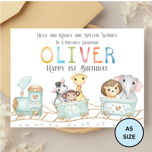 Animals  on Train Personalised Birthday Card for Boys