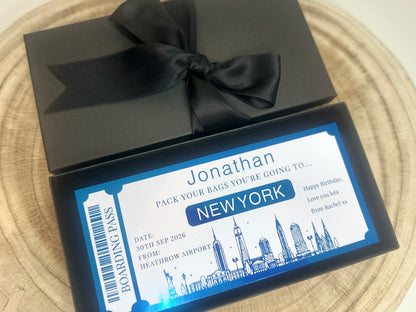 Surprise trip reveal, New York trip reveal, Fake flight ticket, Holiday ticket surprise reveal, NYC surprise trip, Destination ticket