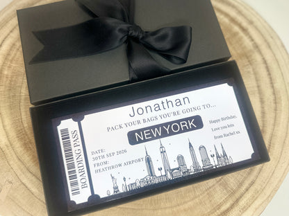 Surprise trip reveal, New York trip reveal, Fake flight ticket, Holiday ticket surprise reveal, NYC surprise trip, Destination ticket