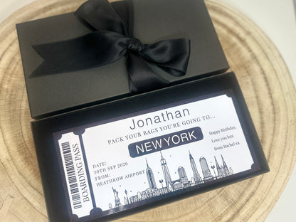 Surprise trip reveal, New York trip reveal, Fake flight ticket, Holiday ticket surprise reveal, NYC surprise trip, Destination ticket
