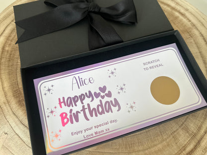 Personalised Birthday Scratch to Reveal Ticket, Holiday Scratch Card