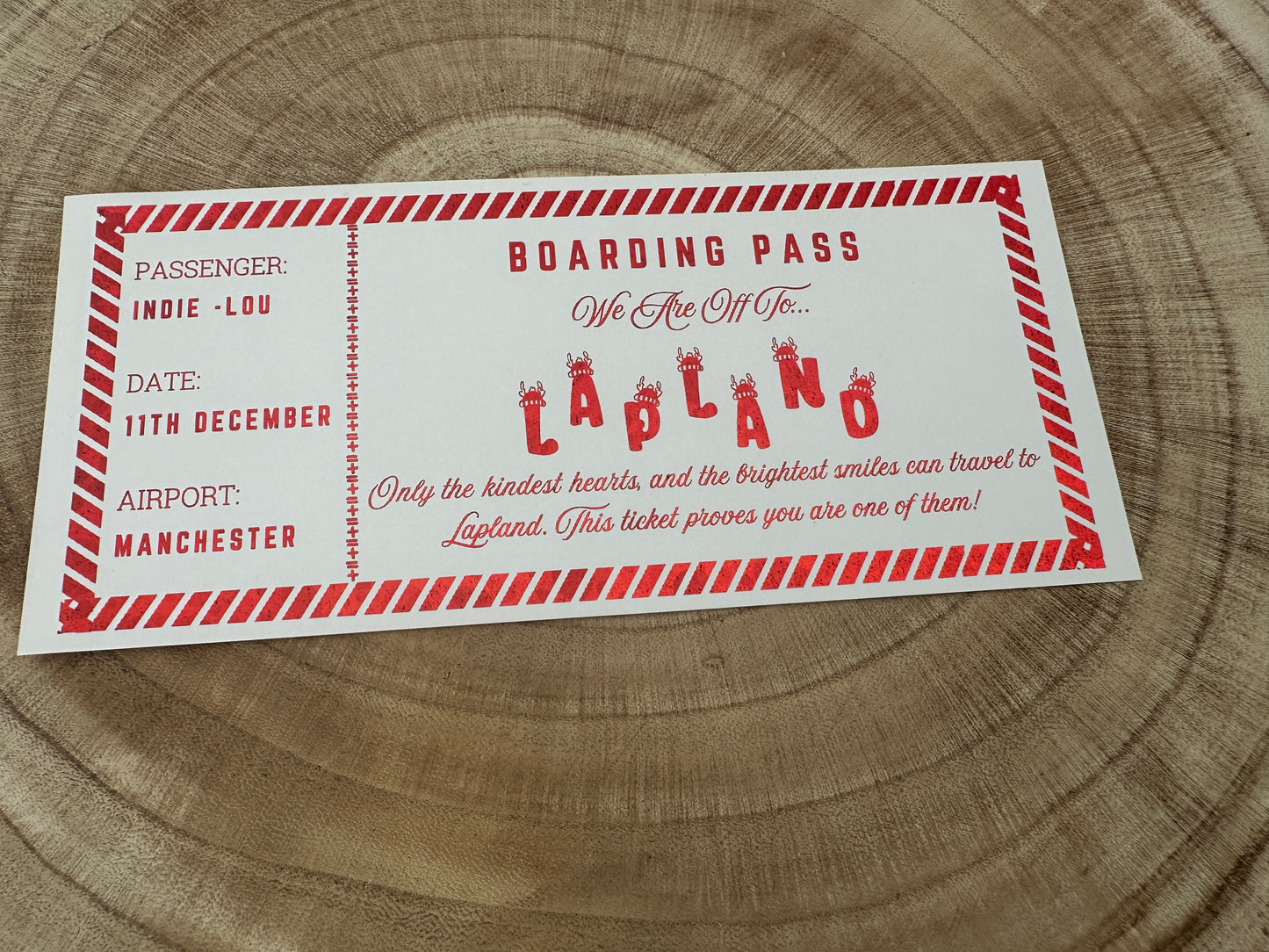 Lapland surprise reveal foil boarding pass, Surprise Trip Gift