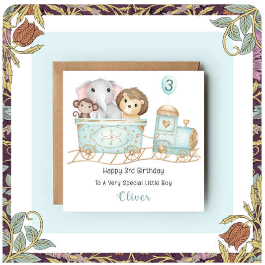 Animals on Train Birthday Card for Grandson