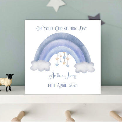 blue rainbow baptism, christening or dedication card for boys personalised