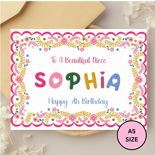 Personalised 7th Birthday Card for Niece, Colourful Floral Design