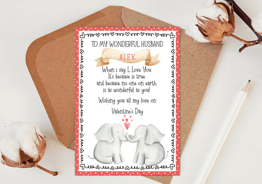 Valentine's day card for wife husband boyfriend girlfriend fiancé fiancée him her - Personalised Romantic love card with elephant animals