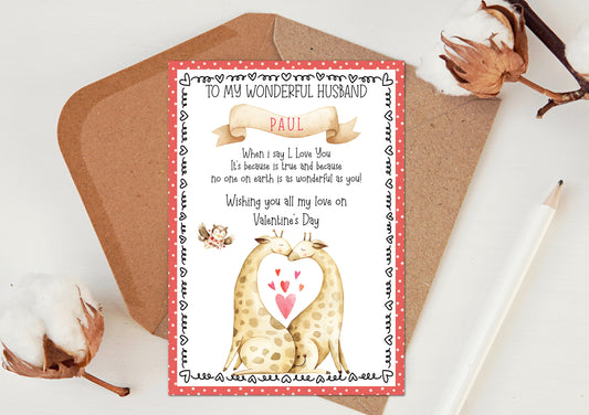 Valentine's day card for wife husband boyfriend girlfriend fiancé fiancée him her - Personalised Romantic love card with giraffe animals