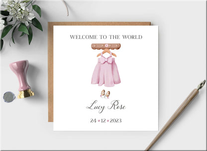 Pink Baby Dress Newborn Girl Personalised Card