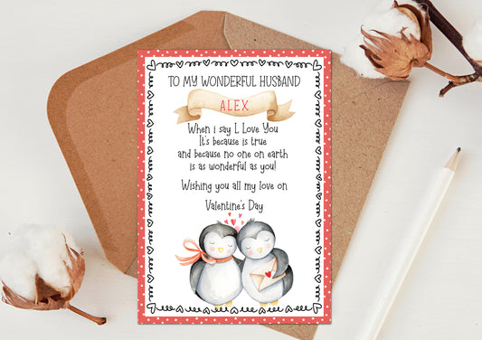 Valentine's day card for wife husband boyfriend girlfriend fiancé fiancée him her - Personalised Romantic love card with penguin animals
