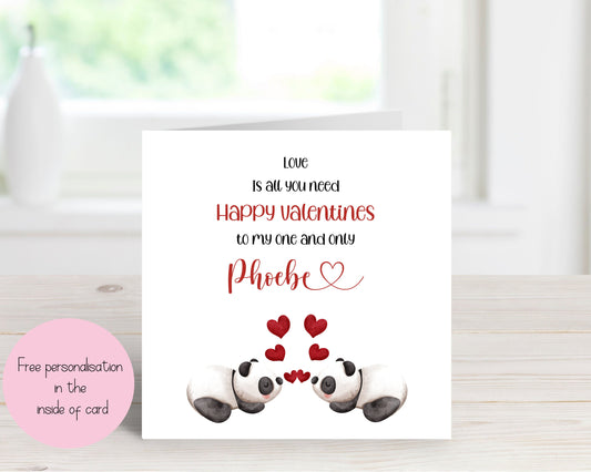 Personalised Panda Couples Valentines Day Card, Romantic Valentines Day, Valentine's Card For Him Or Her