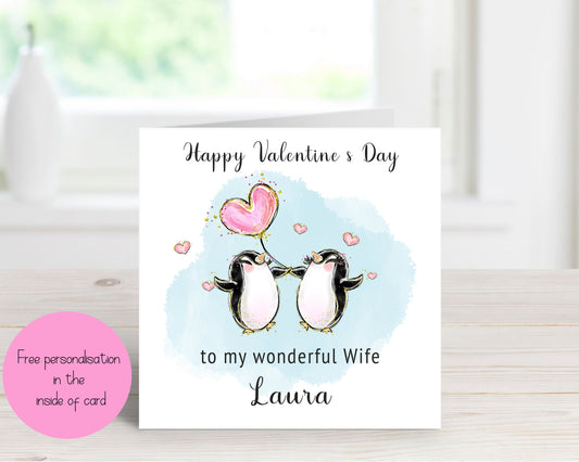 Personalised Penguin Couples Valentines Day Card, Romantic Valentines Day, Valentine's Card For Him Or Her