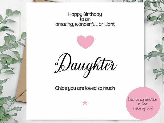Daughter Birthday Card Personalised, Happy Birthday Daughter, Pink Heart Design, Happy Birthday from Mum and Dad, Minimalist Card