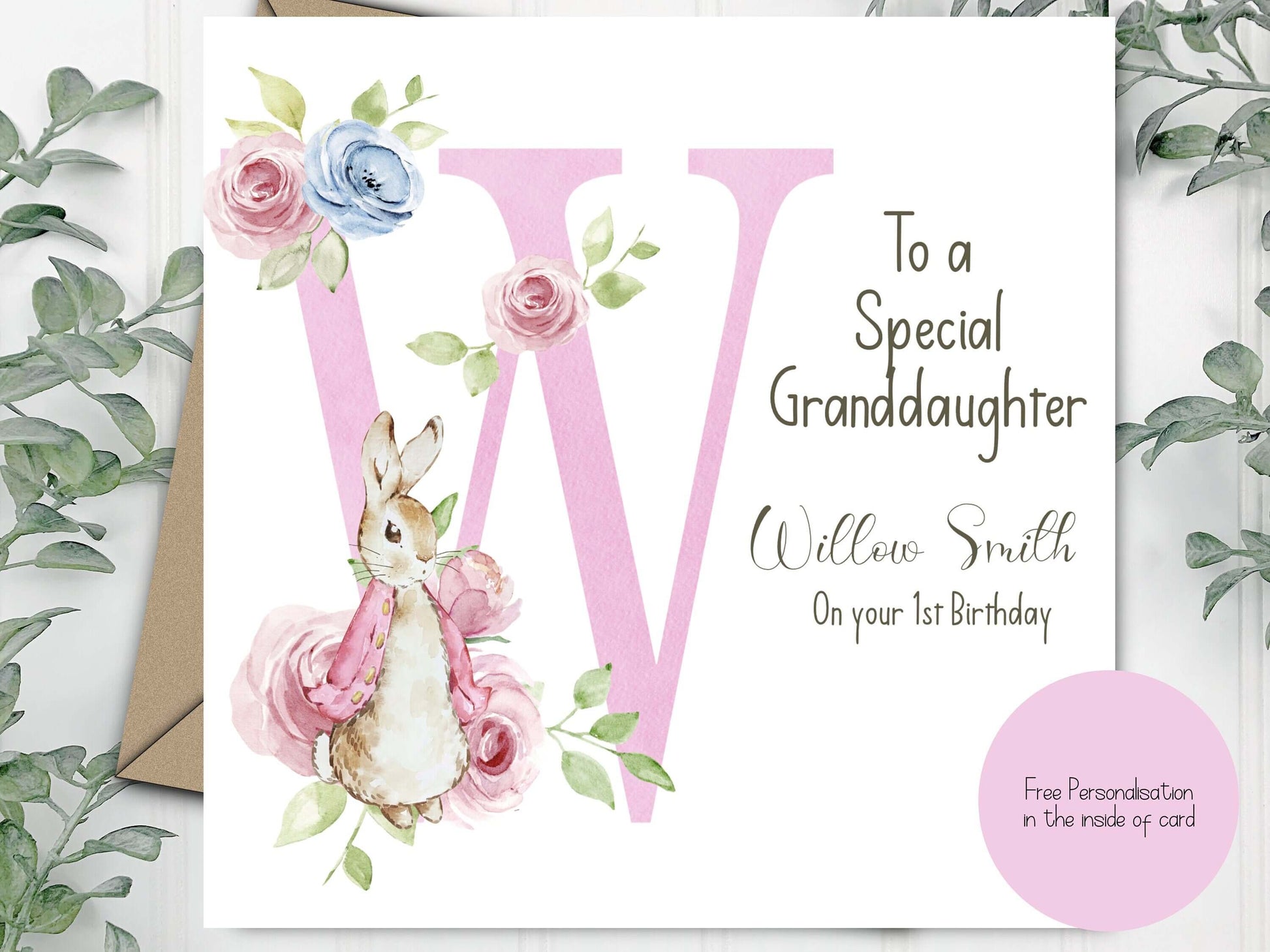 Personalised Initial Card Perfect to Celebrate 1st Birthday for Daughter, Granddaughter, Niece, Sister with Vintage Bunny Rabbit